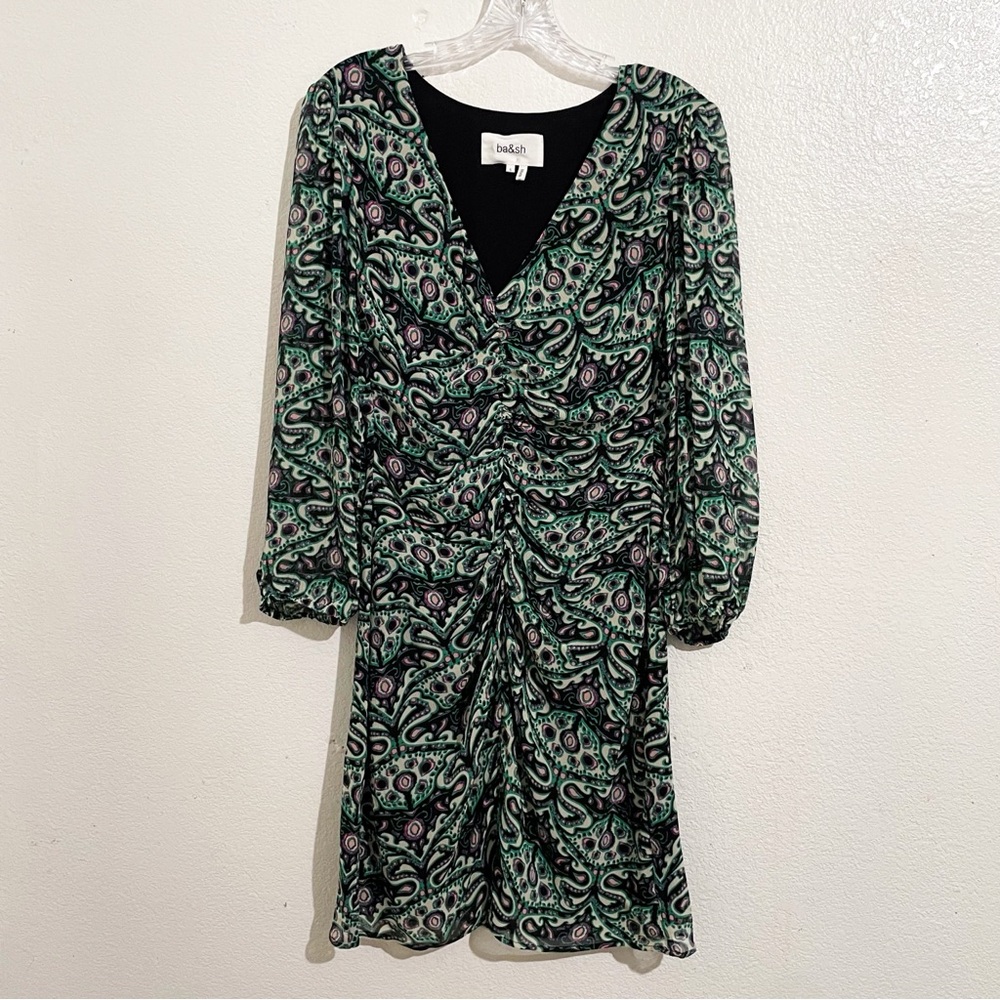 BA&SH Fanny Ruched Mini Dress in Vert Green Paisley‎ Print - Picture 5 of 10
